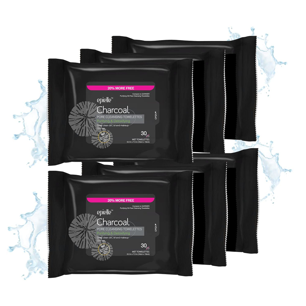 Epielle Charcoal Makeup Remover Wipes pack-front resealable pouch for quick makeup removal.
