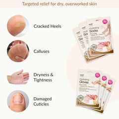 Epielle hand mask gloves on hands delivering silky, hydrated skin