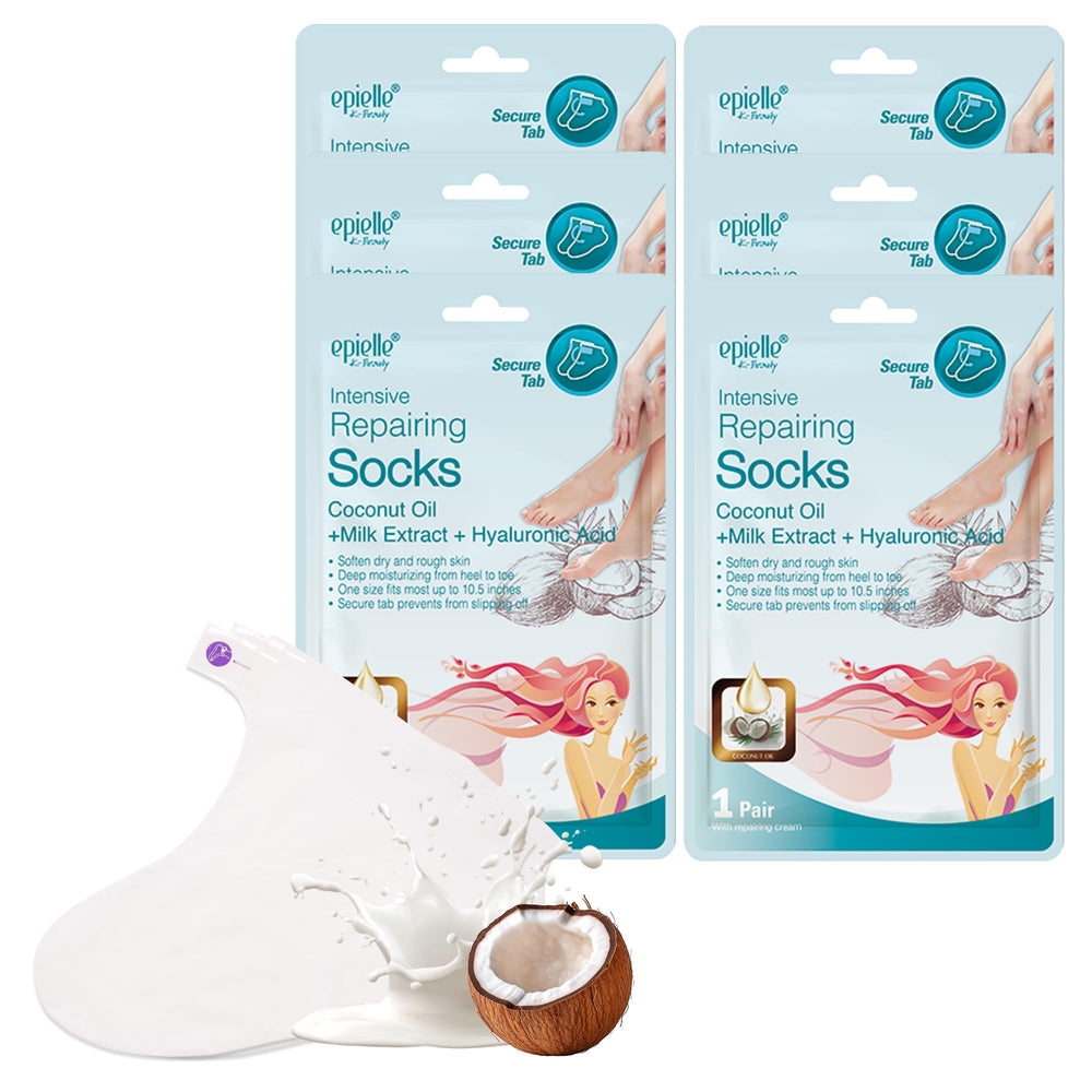 Epielle Intensive Repairing Foot Mask packaging promotes spa-at-home hydration.