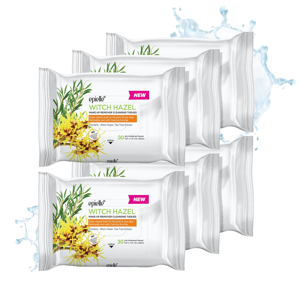 Epielle Witch Hazel Makeup Remover Wipes pack front showing six-pack for on-the-go skincare