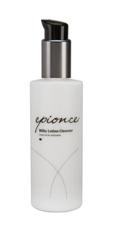Epionce Milky Lotion Cleanser bottle closeup showing gentle hydration for dry skin.