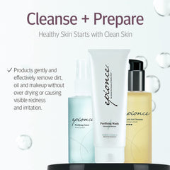 Epionce Milky Lotion Cleanser on damp skin illustrating gentle cleansing without irritation.