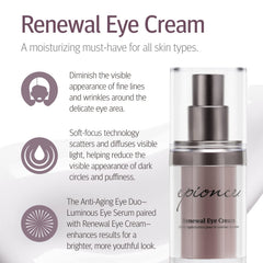Epionce Renewal Eye Cream closeup texture highlights silky lightweight daily-use feel.