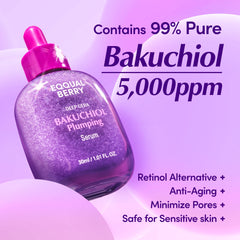 EQQUALBERRY Bakuchiol serum label closeup highlights natural retinol alternative for sensitive skin.