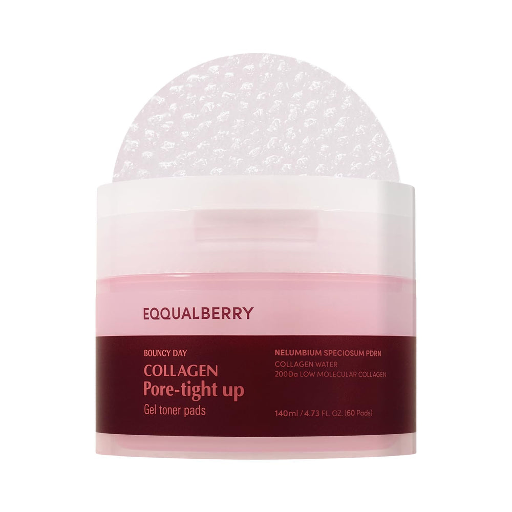 EQQUALBERRY collagen pore-tight toner pad close-up shows gel-rich hydration