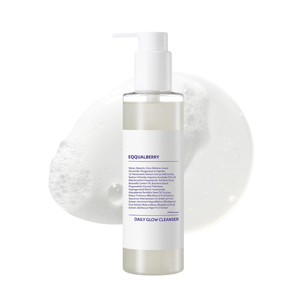 EQQUALBERRY Daily Glow Cleanser bottle shows hydrating gel for radiant skin