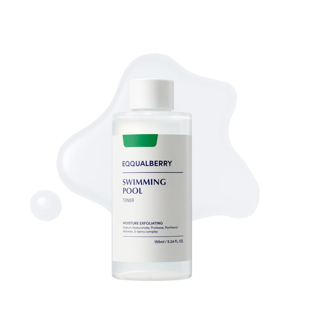 EQQUALBERRY Swimming Pool Toner bottle front view highlighting gentle exfoliation for sensitive skin.