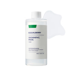 EQQUALBERRY Swimming Pool Toner bottle on a clean counter signaling gentle exfoliation.