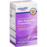Equate minoxidil 2% women bottle close-up for daily scalp care.
