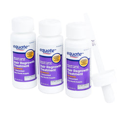 Equate minoxidil 2% women three-month supply packaging for convenient routine.