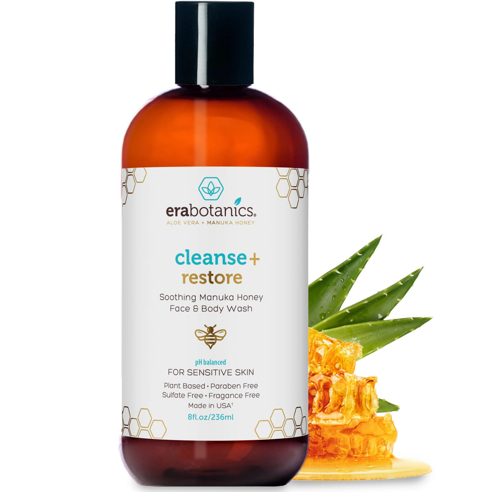 Era Organics Manuka Honey Face Wash bottle closeup showing sulfate-free gentle cleanse for sensitive skin.