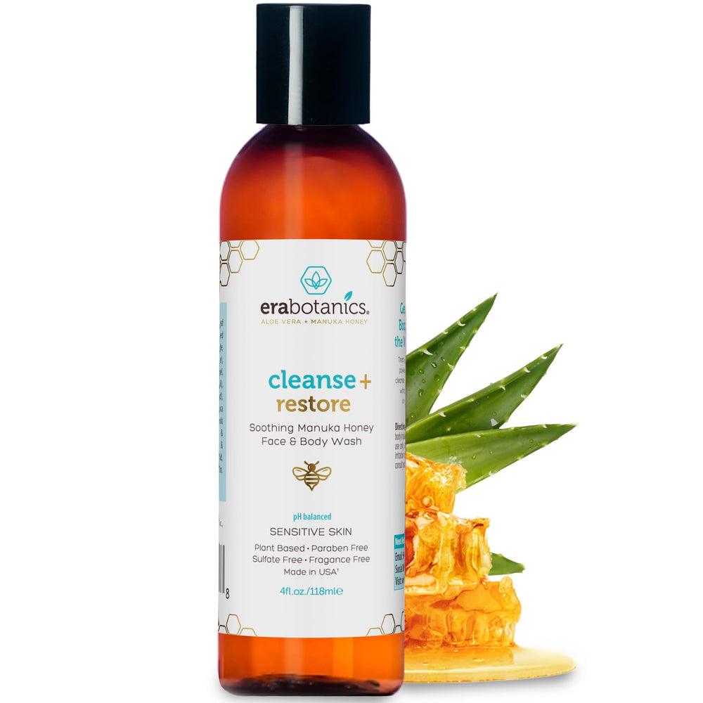 Era Organics Manuka Honey Face Wash packaging highlights a sulfate-free gentle cleanser for sensitive skin.