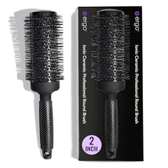 ERGO ceramic ionic round brush barrel closeup, showcasing even heat for smooth, shiny styling.