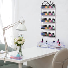 ERYTLLY five-shelf rack showcases bottles neatly across varying shelf lengths.
