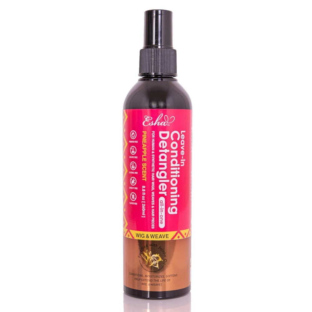 Esha Wig & Weave leave-in conditioner bottle delivers moisture and softness for wigs.