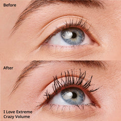 essence I Love Extreme Crazy Volume Mascara lash-coating first-pass closeup suggests lifted, defined lashes.