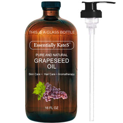 Essentially KateS grapeseed oil glass bottle with pump, convenient daily moisturizer.