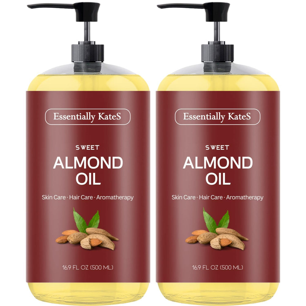 Essentially KateS Sweet Almond Oil bottle front shows a pure, lightweight moisturizer for skin and hair.