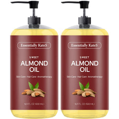 Essentially KateS Sweet Almond Oil bottle front shows a pure, lightweight moisturizer for skin and hair.