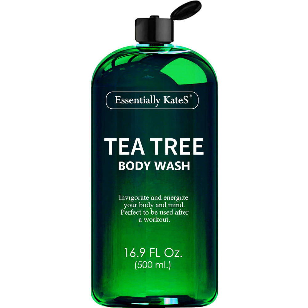 Essentially KateS Tea Tree Body Wash bottle ready for shower, soothing skin.