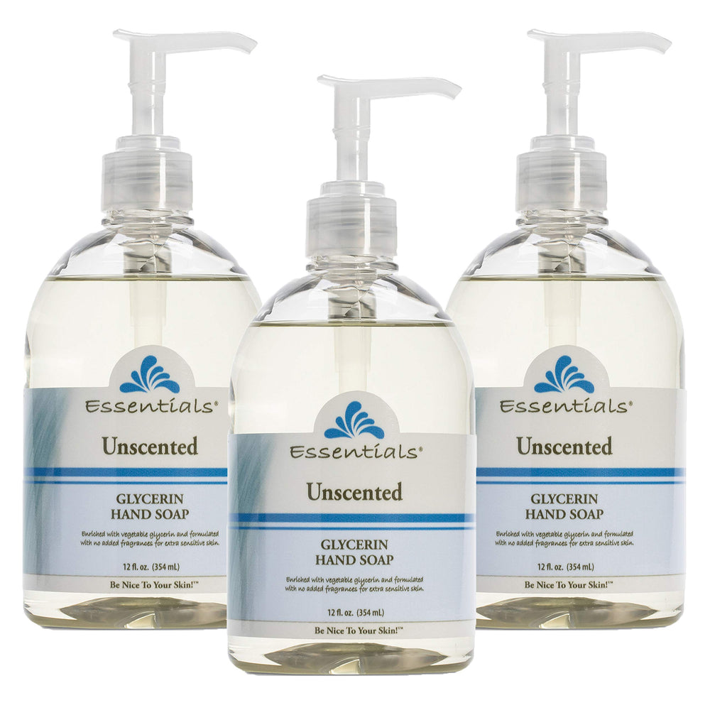 Essentials glycerin hand soap unscented 12oz pump close-up highlighting moisturizing formula for sensitive skin