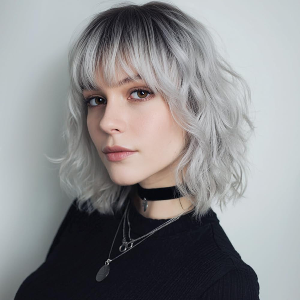 EssionTech short-silver-wig-bangs enables quick chic daily styling.