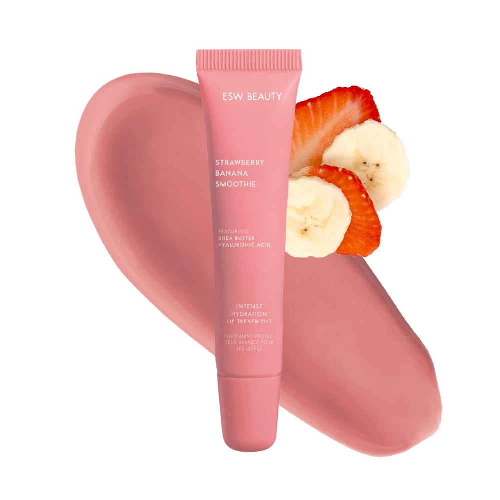 ESW Beauty Strawberry Banana Smoothie Lip Treatment tube delivering intense hydration with a soft pink nude tint.