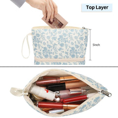 Ethereal small makeup bag blue flower open compartments showing two-layer design