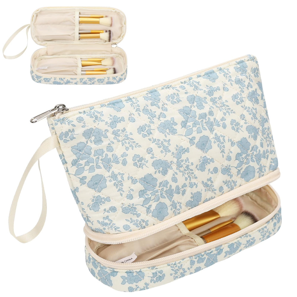 Ethereal small makeup bag top view highlighting organized travel storage