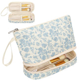 Ethereal small makeup bag top view highlighting organized travel storage