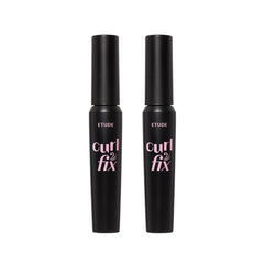 ETUDE Curl Fix Mascara bottle and packaging showcase the 1+1 set for all-day lash definition.