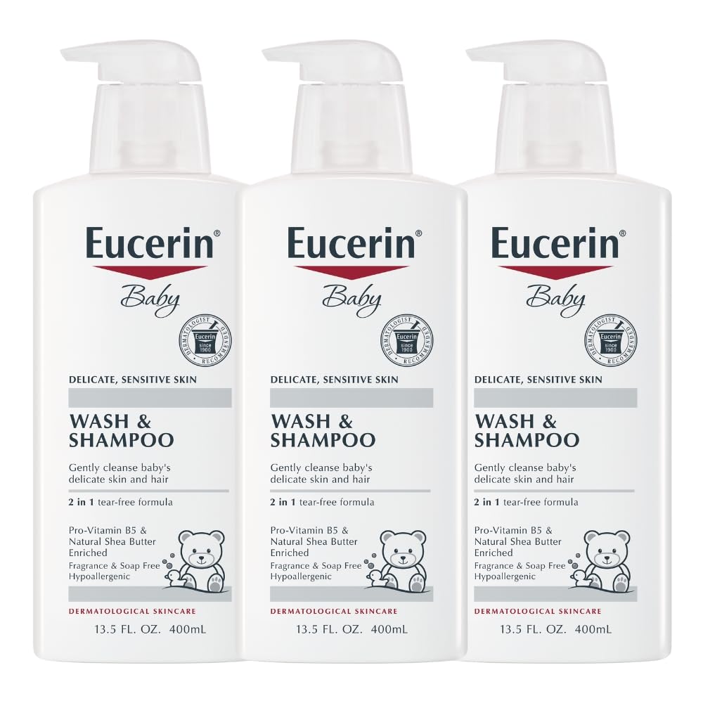 Eucerin Baby Unscented Shampoo and Body Wash bottle with pump shows gentle cleansing for skin and hair.