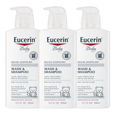Eucerin Baby Unscented Shampoo and Body Wash bottle with pump shows gentle cleansing for skin and hair.