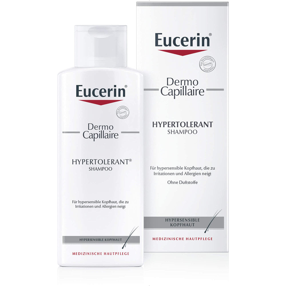 Eucerin Dermo Capillaire Shampoo bottle showing gentle cleansing for sensitive scalps.