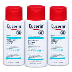Eucerin Intensive Repair Lotion bottle pack shows three 5 oz bottles for daily very dry skin care