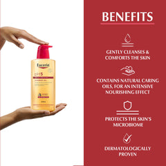 Eucerin pH5 Shower Oil includes Dexpanthenol for moisture and renewal support.