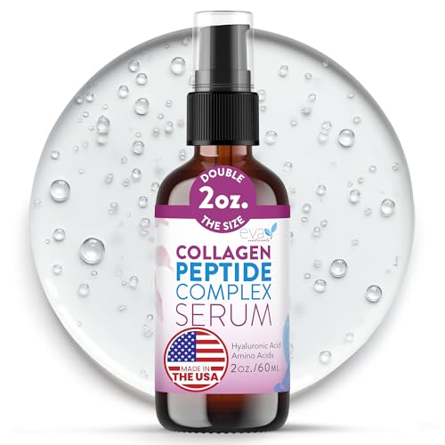 Eva Naturals Collagen Peptide Serum bottle shows hydration and firming potential.