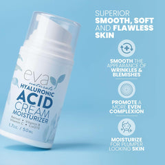 Eva Naturals Hyaluronic Acid Face Cream jar closeup shows silky texture for fast absorption.