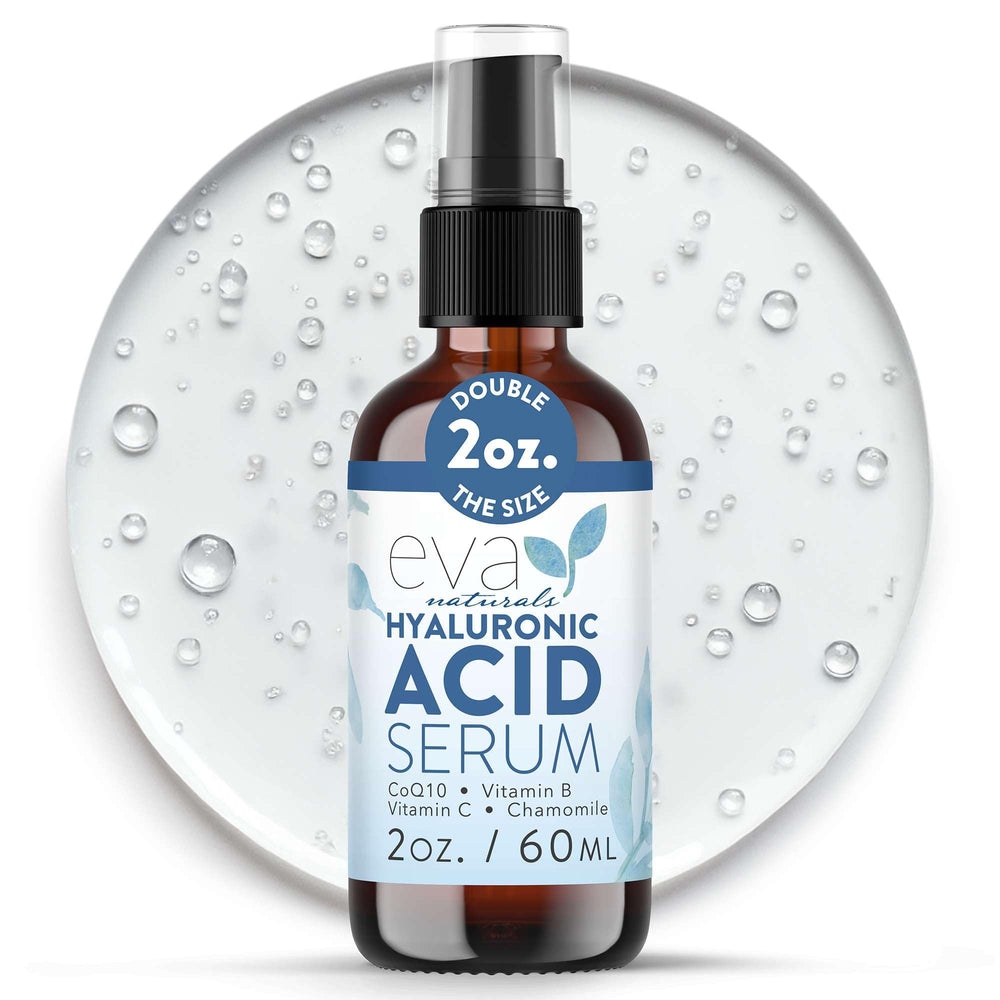 Eva Naturals Hyaluronic Acid Serum bottle front highlights plump, hydrated-looking skin.