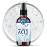 Eva Naturals Hyaluronic Acid Serum bottle front highlights plump, hydrated-looking skin.