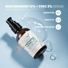 Eva Naturals Niacinamide serum label close-up highlights zinc PCA benefits.
