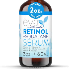 Eva Naturals Retinol + Squalane Serum bottle closeup highlighting anti-aging benefits.