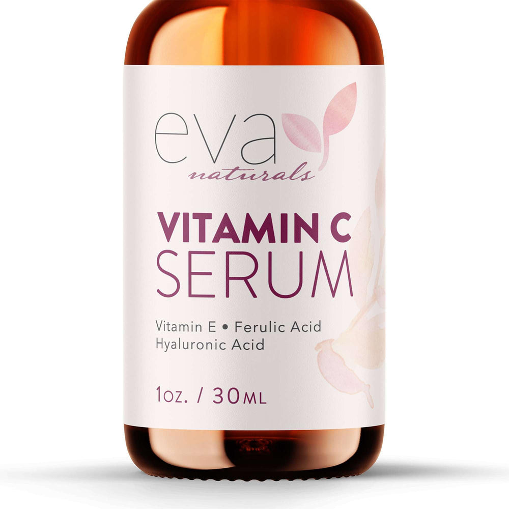 Eva Naturals Vitamin C Serum 20% bottle on a clean surface for brightening routine