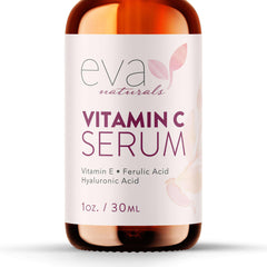 Eva Naturals Vitamin C Serum 20% bottle on a clean surface for brightening routine
