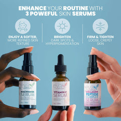 Eva Naturals vitamin C serum brightening glow bottle close-up for even tone.
