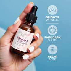 Eva Naturals Vitamin C Serum dropper applying to fingertip for quick absorption