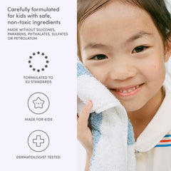 Evereden Multi-Vitamin Kids Body Wash Cool Peach pour demonstrates quick, mild lather during bath time.