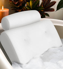 Everlasting Comfort bath pillow provides head and neck support for a relaxing soak.