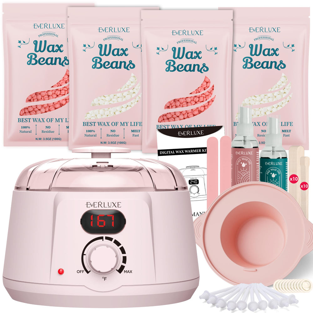 EVERLUXE waxing kit with digital display enables precise temperature control for comfortable home waxing.