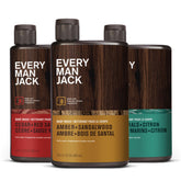Every Man Jack Amber-Sandalwood bottle pour enhances rugged morning routine.